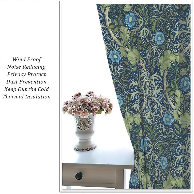 William Morris Floral Blackout Curtains, Country Farmhouse Flower Boho Retro Pattern Window Drapes, for Living Room Bedroom 27.5(W)*63(L) 2 Panels
