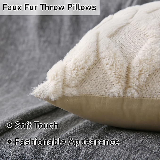 Decorative Throw Pillow with Inserts, Set of 2 Soft Faux Fur Throw Pillows, Square Boho Pillow for Couch, Bed, Sofa Decor (White(18" x 18"))