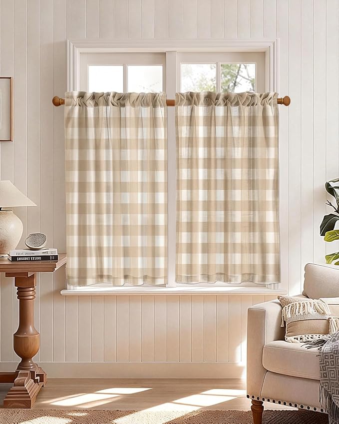 Miss Adola Farmhouse Kitchen Tier Curtains - 36 Inch Length Linen Blend Cafe Curtains Yellow Plaid Small Window Treatments Over Sink Rod Pocket for Bathroom Living Room Light Filtering, 2 Panels