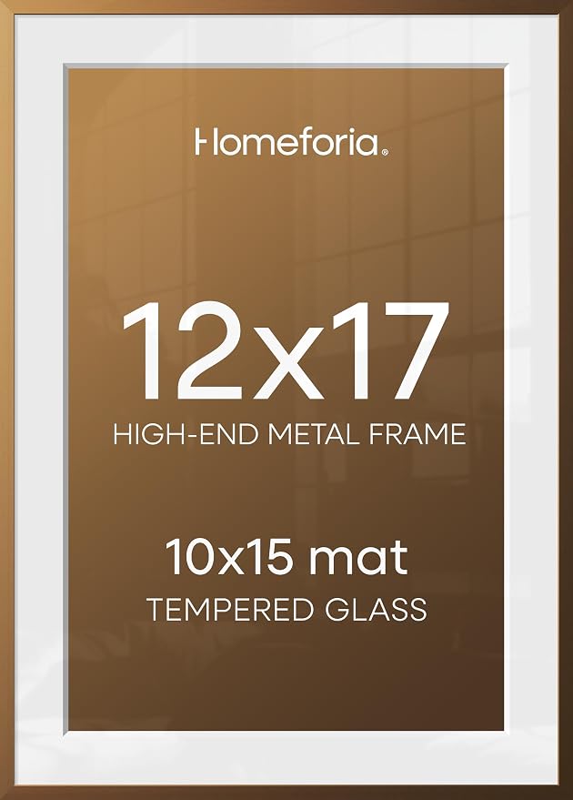 Homeforia 12x17 Picture Frame Bronze, High End Metal 12x17 Brass Poster Frames with Mat 10x15 Photo, 12 x 17 Frame Matted to 10 by 15 inch Print, 17by12 Thin Frames, Tempered Glass, Wall Kit, Set of 3