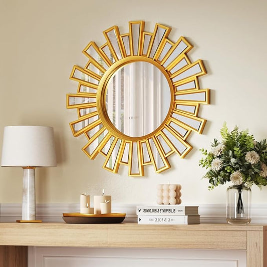 24"x24" Round Wall Decor Mirror, Gold Sunburst Mirror, Wall Art with Metal Frame for Entryway, Bathroom, Vanity, Living Room