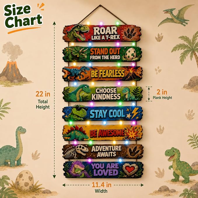 BeautiFan Cool Dinosaur Room Decor Set of 8 with Led Light for Teen boys Kids Toddler, Inspirational Dinosaur Animal Wood Sign Nursery Wall Decor for Bedroom, Dinosaur Lamp Wall Decor Art