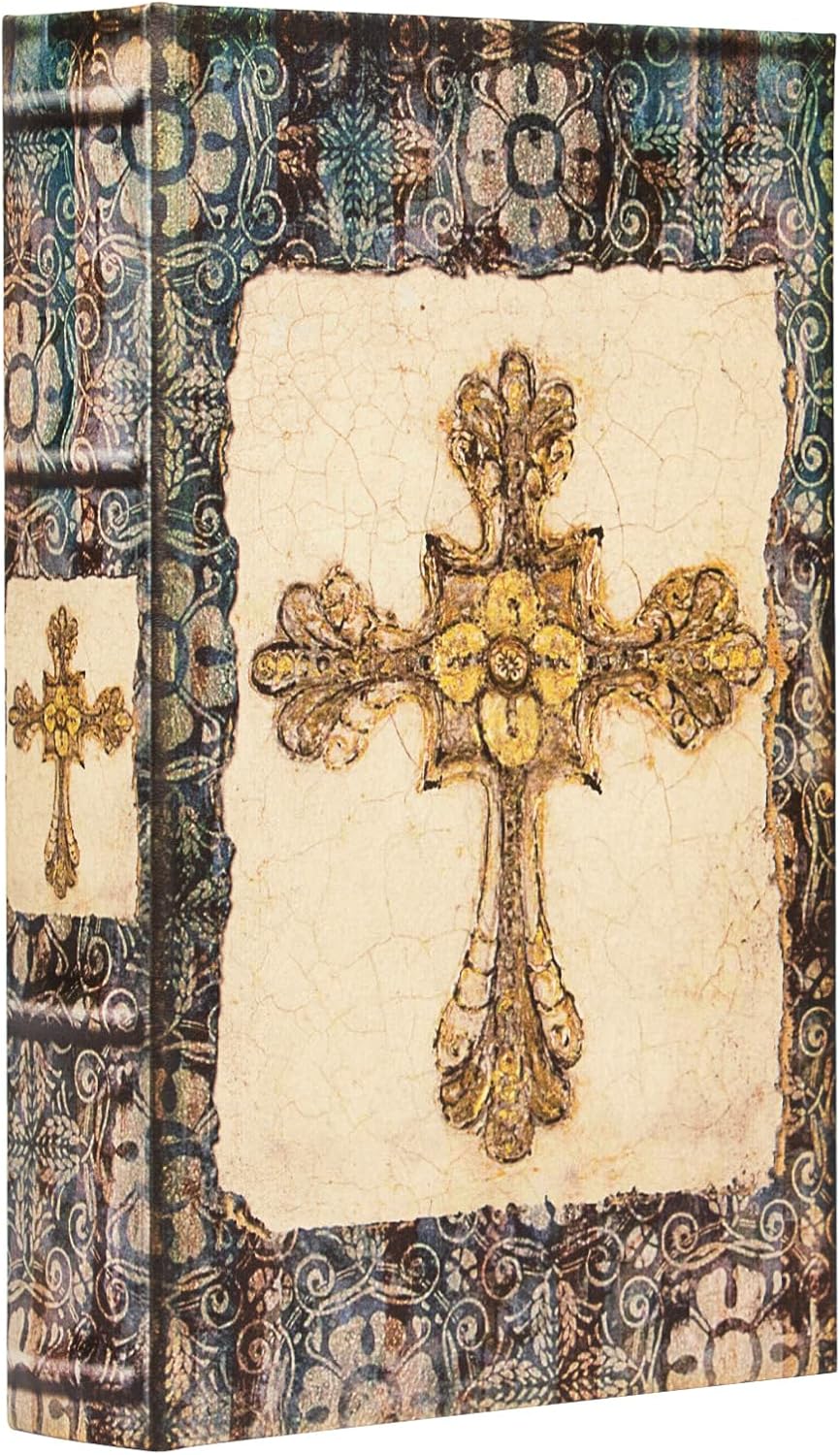 Vintage Style Wooden Decorative Book Box - Faux Leather, Christian Cross Pattern, Gift Idea