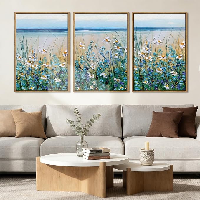 Blue Seaside Cyan Floral Wall Decor Wildflower Canvas Paintings Framed Floral Art Prints Blue Flowers Wall Art Wildflowers Wall Pictures for Living Room Bedroom Bathroom 16x24 Inch Set of 3