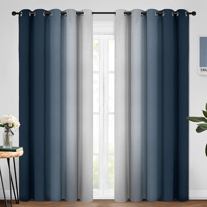 Yakamok Ombre Curtains Navy Blue and Greyish White for Living Room,62Wx84L | Room Darkening Curtains 84,Thermal Insulated Gradient Color Drape,Light Blocking Grommet Window Curtains for Bedroom,2 Panels