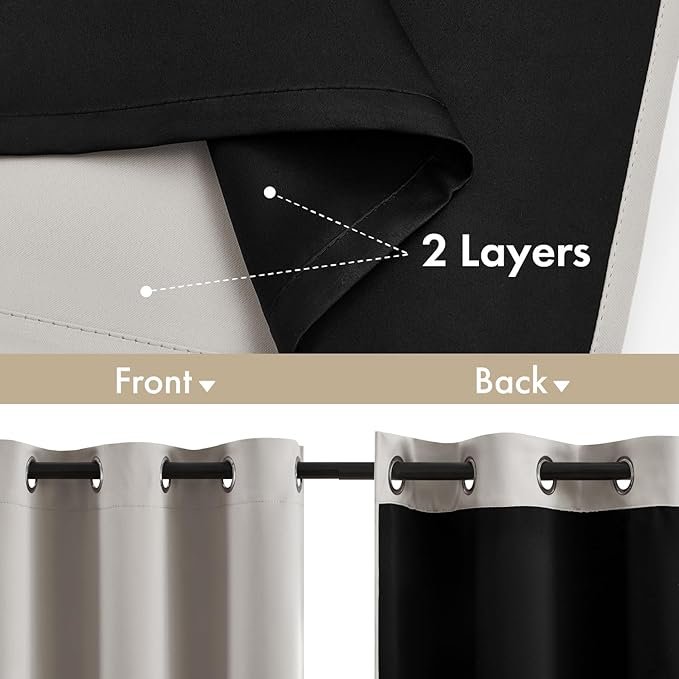MIULEE 100% Blackout Curtains for Bedroom 54 Inch Length, 2 Thick Layers Thermal Insulated Short Window Curtains with Black Liner, Noise Reducing Grommet Kitchen Living Room Drapes 2 Panels Stone
