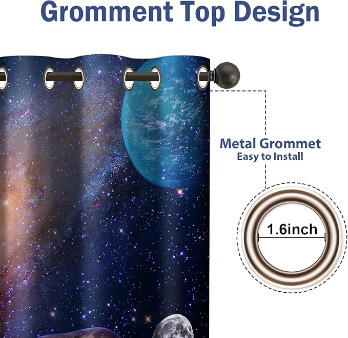 Jekeno Galaxy Planet Blackout Curtains Outer Space Universe Nebula Stars Starry Sky Decor for Kids Boys Bedroom Living Room Darkening Grommet Window Drapes 2 Panel Set, 52"x84"