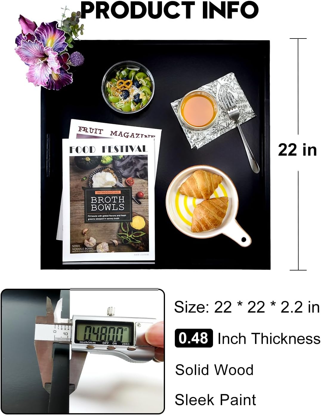 22 Inches Square Wood Ottoman Tray Black, Extra Large Wooden Serving Tray with Handles for Living Room, Serving Food Breakfast, Ottoman Coffee Table Couch Sofa Kitchen