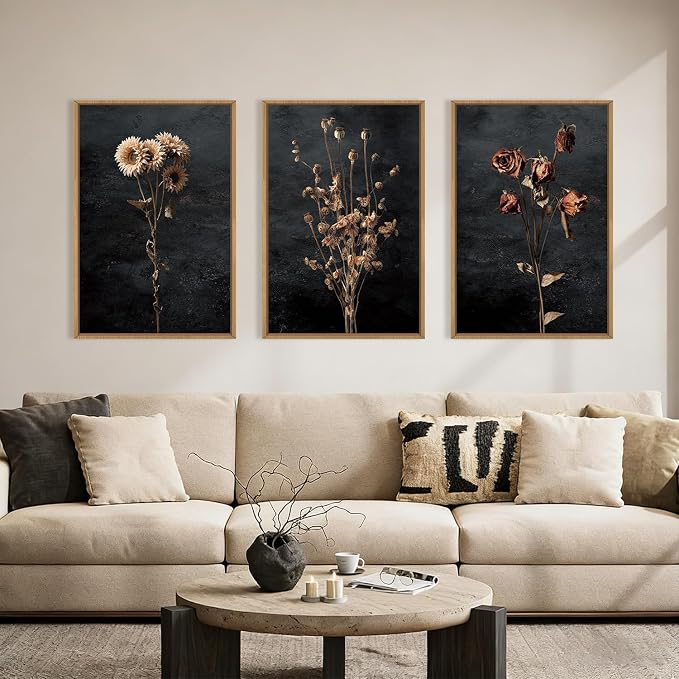 Large Moody Dark Floral Framed Canvas Wall Art Set,Vintage Mid Century Dried Flower Wall Decor,Modern Boho Wildflower Botanical Artwork for Living Room,Bedroom,Farmhouse- 24"x36"x3
