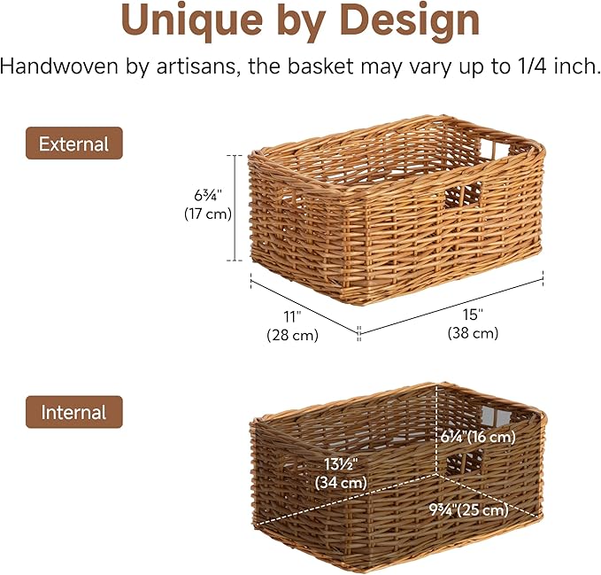StorageWorks Pantry Baskets, Willow Storage Baskets for Organizing, Shelves, Pantry Organizers and Storage, Brown, 15"L x 11"W x 6 ¾"H