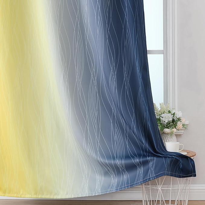 Estelar Textiler Navy Blue and Yellow Ombre Blackout Curtains 45 Inch Length 2 Panels, Full Room Darkening Gradient Drapes for Bedroom, Thermal Insulated Grommet Short Curtains for Bathroom,42Wx45L