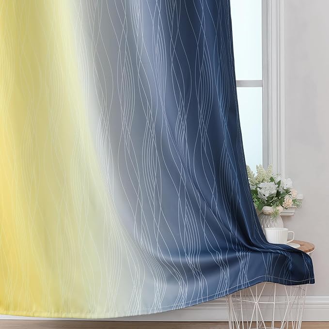 Estelar Textiler Yellow and Navy Blue Ombre Blackout Curtains for Living Room, Thermal Insulated Gradient Blackout Drapes, Full Room Darkening Energy Saving Curtains for Bedroom, 42Wx84L, 2 Panels