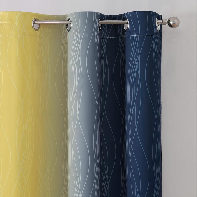 Estelar Textiler Navy Blue and Yellow Ombre Blackout Curtains 54 Inch Length 2 Panels, Full Room Darkening Gradient Drapes for Window, Thermal Insulated Grommet Short Curtains for Bedroom,42Wx54L