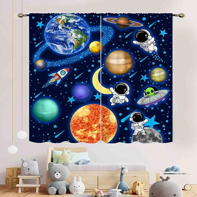 Space Curtains, Kids Boys Solary System Universe Outer Space Planet Astronaut Galaxy Blackout Window Drapery Treatments for Living Room Nursery Playroom 2 Panels, 63"x63" Inch
