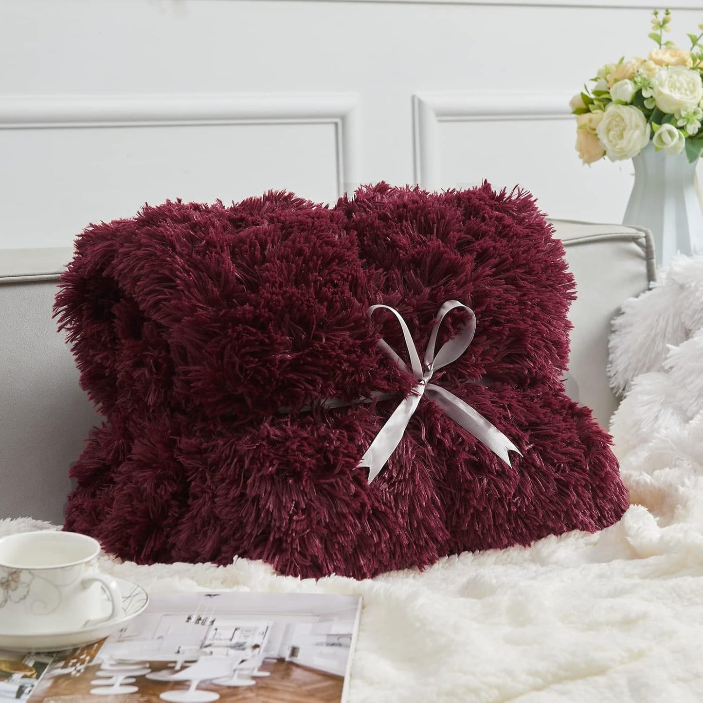 GONAAP Fuzzy Faux Fur Throw Blanket Twin Size Wine Red Super Soft Cozy Plush Fuzzy Shaggy Blanket for Couch Sofa Bed (Wine Red, Twin(60"x80"))