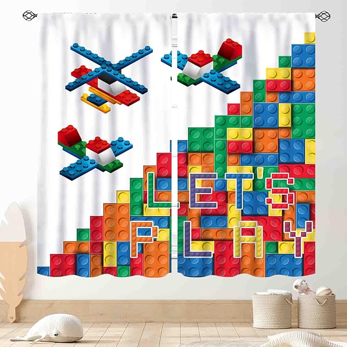 Building Blocks Curtains for Boys Room, Abstract Colorful Plastic Building Brick Blocks Geometric Helicopter Aircraft Pattern Window Drapes for Baby Bedroom Living Room, 52"x84" Inch