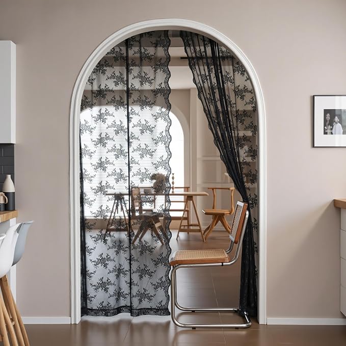 MEETSKY Black Lace Curtains 84 Inches Long 2 Panels Set, Black Sheer Gothic Curtains Vintage Floral Pattern Light Filtering Curtain for Living Room Bedroom, Each Panel 50" W x 84" L #2 Black