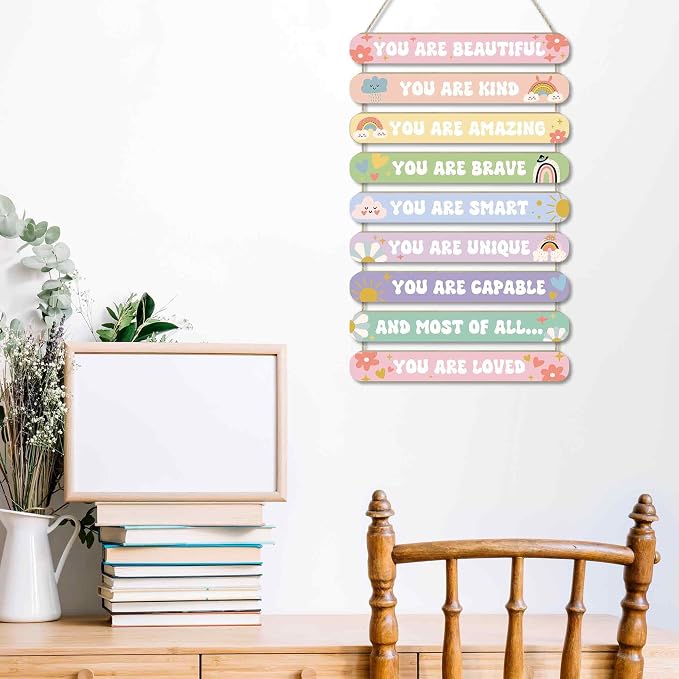 MONALET Pastel Cute Inspirational Motivational Wall Art Decor for Girls Room Nursery Baby Kids Playroom Bedroom Door, Positive Affirmations Hanging Wood Signs Decorations, Girly Wooden Plaque, 12x19
