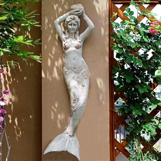 39'' High Mermaid Statue Wall Hanging Big Size Wall-Mounted Sculpture Wall Decoration Magnesium Oxide Indoor Outdoor Sculpture Mermaid Hook Garden Statue for Yard Backyard Decor