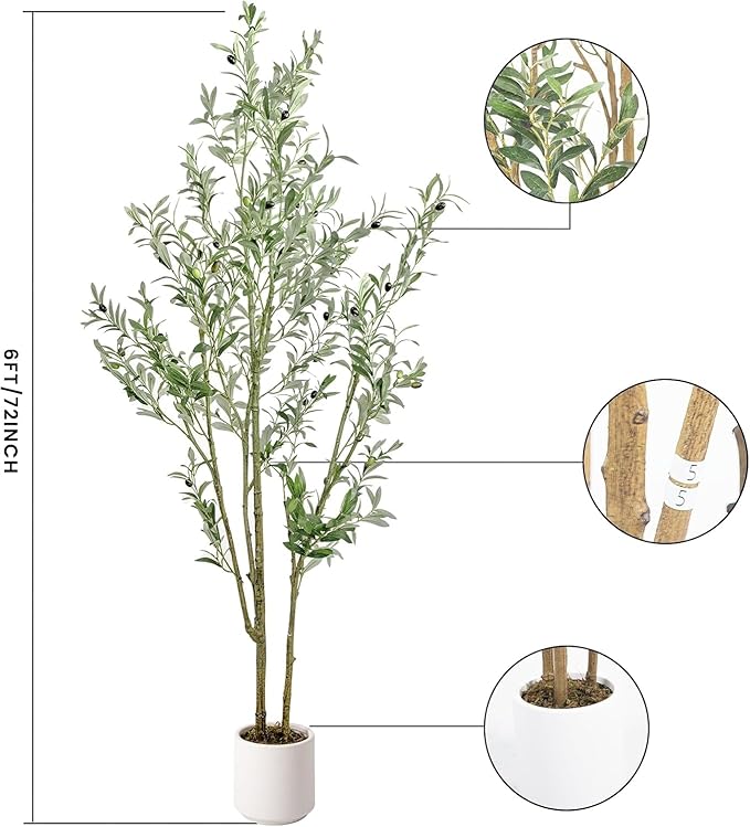 Artificial Fake Olive Tree 6FT Tall 2Pack with White Planter Faux Silk Olive Tree for Home Living Room Office Decor Faux Artificial Plants Indoor with Fruit & Free Moss