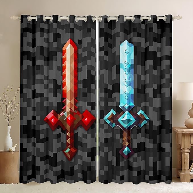 Castle Fairy Red Blue Sword Bedroom Decor Curtains,Sandbox Building Games Window Curtain,Kids Teens Pixelated Style Swords Window Treatment Grey Black Camo Blackout Drapes 2 Panels,52Wx90L