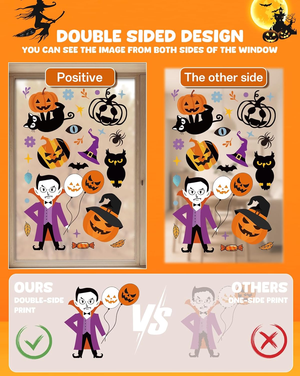 Halloween Window Clings - 9 Sheets 213 Pcs Happy Halloween Window Decorations Indoor for Home Party Eyes Pumpkin Ghost Bats Witch Stickers for Glass Double-Sided Removable Static Glass Decals