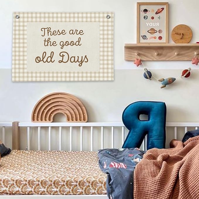 RTXLEZM Kids Room Decor, These Are the Good Old Days Canvas Banner | Retro Neutral Plaid Inspirational Wall Hanging for Toddler Boys Girls Nursery Bedroom Playroom Decor, 20x30 Inch