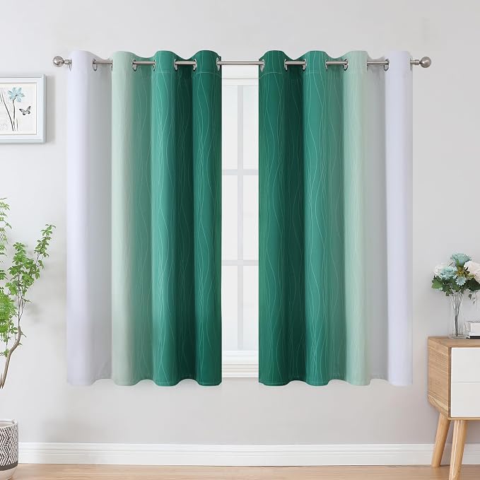 Estelar Textiler Green and Greyish White Blackout Curtains 45 Inch Length, Full Light Blocking Gradient Drapes for Bedroom, Thermal Insulated Grommet Ombre Curtains for Bathroom, 52Wx45L, 2 Panels