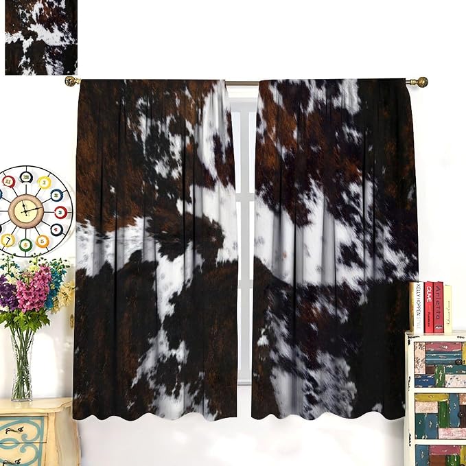 Cowhide Blackout Curtain, Rustic Western Cow Print Brown Black White Animal Fur Skin Curtains Rod Pocket Window Treatments 2 Panels Drapes for Kitchen Bedroom Living Room Offiec Decor 63"W X 63"L