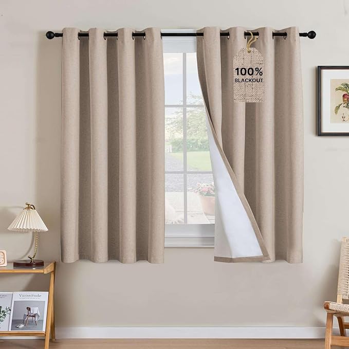 H.VERSAILTEX Linen Curtains 100% Blackout Curtains for Bedroom 54 inch Long Full Light Blocking Nature Linen Blended Window Curtains for Living Room Nickel Grommet (2 Panels, Heathered Sand)