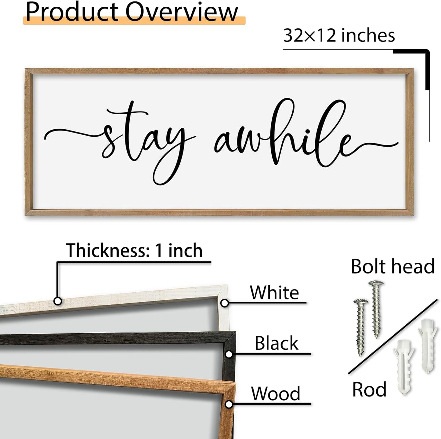 SRSZHIYUE Stay Awhile Sign Wall Decor Art 32"×12" Home Entryway Hallway Signs Large Wood Framed Wall Hanging (Wood)
