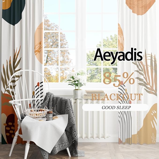 Boho Tropical Window Drapes, Mid Century Blackout Curtain Leaves Abstract Aesthetic Art Darkening Thermal Insulated Grommet Window Curtain for Living Room Bedroom Decor 2 Panels 52"x84" Inches