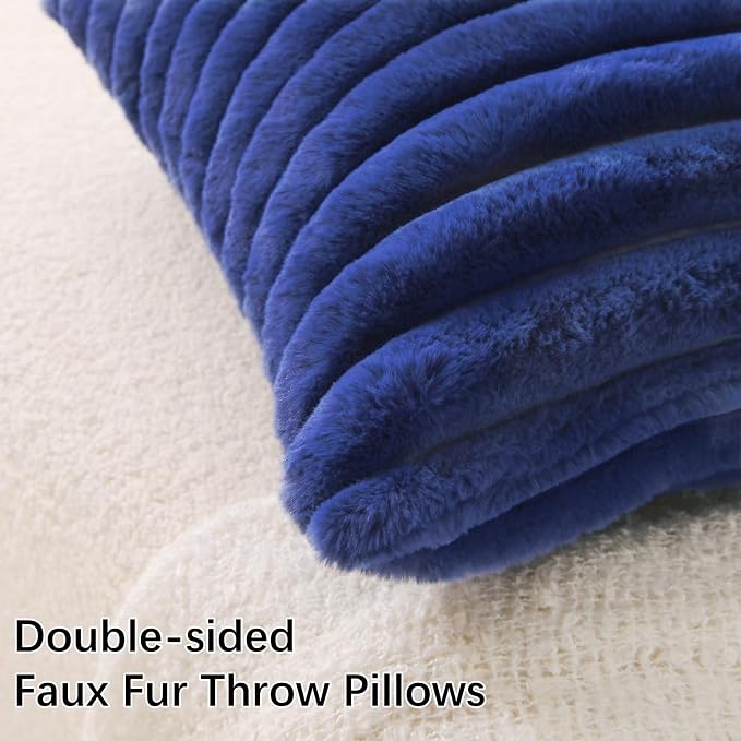 Decorative Throw Pillow with Inserts, Set of 2 Soft Faux Fur Throw Pillows, Square Boho Striped Pillow for Couch, Bed, Sofa Decor (Blue, 20" x 20"(Pack of 2))