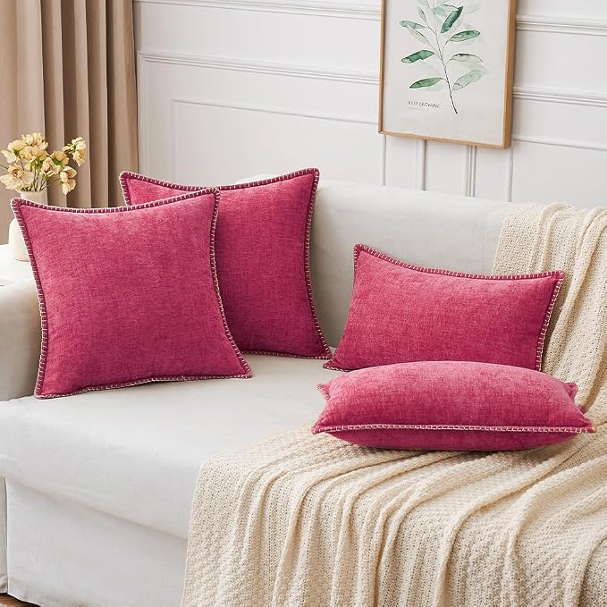 MIULEE Pack of 2 Summer Throw Pillow Covers 20x20 Inch Hot Pink Farmhouse Decorative Pillow Covers with Stitched Edge Soft Chenille Solid Dyed Pillow Covers for Couch Sofa Bed Living Room