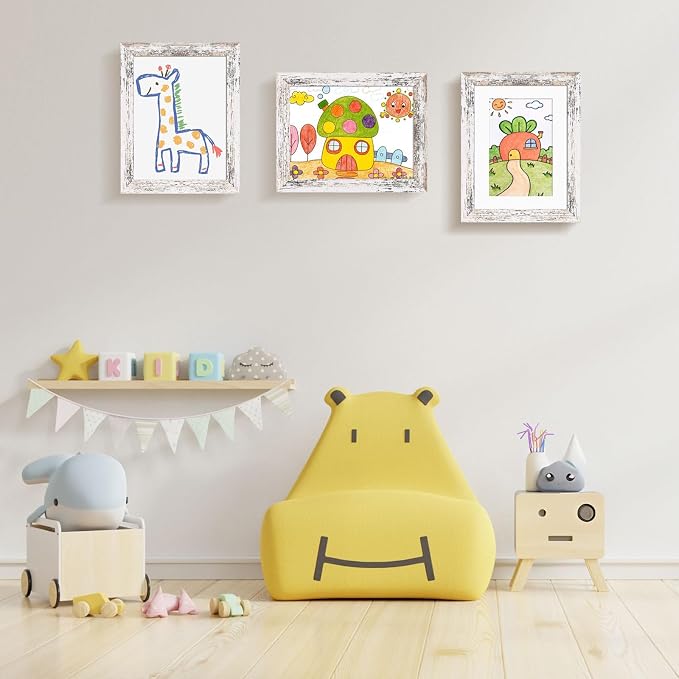 KINLINK 8.5x11 Kids Art Frame 2 Pack, Solid Wood Artwork Frames Changeable, Front Opening Hold 150 Pictures, Art Frames for Kids Artwork, 6x9 with Mat 8.5x11 without Mat, Picture Frames Rustic White