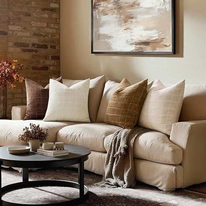 MIULEE Toffee Plaid Decorative Fall Throw Pillow Covers 20x20 Set of 2 | Vintage Check Chenille Couch Pillows Boho Farmhouse Cushion Covers Modern Fall Home Decor for Sofa Bed Living Room
