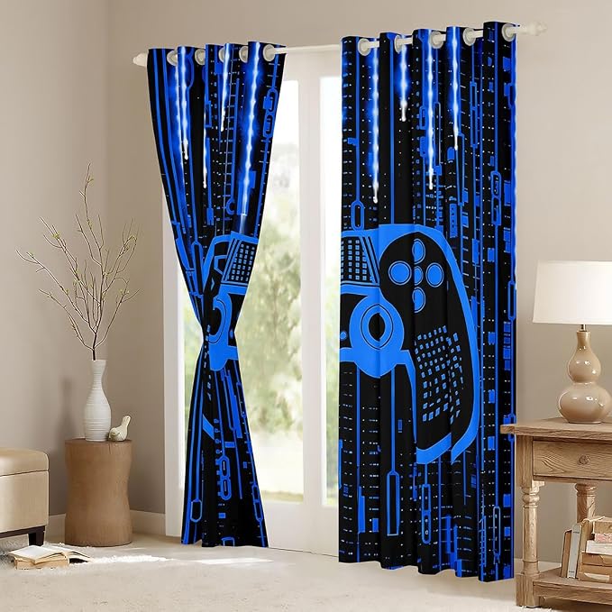 Feelyou Kids Boys Blue Gamer Darkening Drapes Gamer Blackout Curtains Game Window Curtains Light 3D Gaming Window Treatments Gamer (2 Panels, 52 x 90 Inch)
