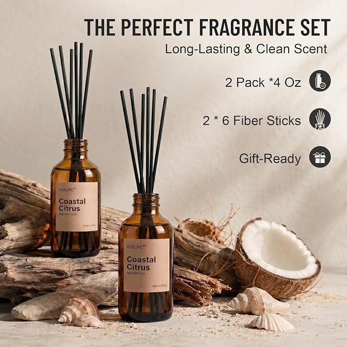 Auelife Reed Diffuser Set, Coastal Citrus 2 Pack 8 Fl Oz Scented Diffuser with Fiber Sticks, Home Fragrance Reed Diffuser for Bathroom Decor, Bedroom, Office & Housewarming Gift