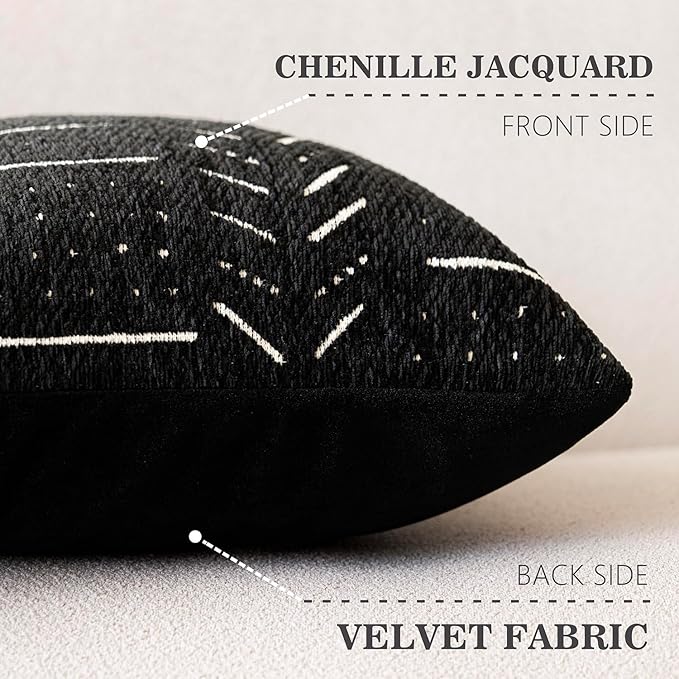 Home Décor Decorative Boho Chenille Throw Pillow Covers Neutral Cozy Lumbar Cushion Covers Textured Soft Farmhouse Pillowcase for Couch Sofa Chair Bed Living Room, 12×20 Inch, Set of 2, Black