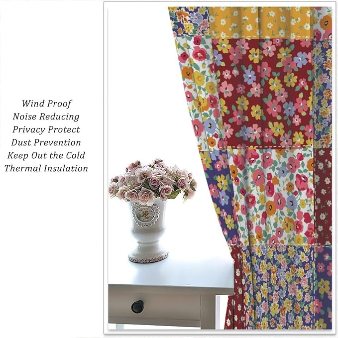 Boho Floral Patchwork Blackout Curtains Vintage Flower Bohemian Colorful Spring Retro Print Window Drapes for Bedroom Living Room Kitchen Cafe （W27.5xL63 Inch） x2 Panels