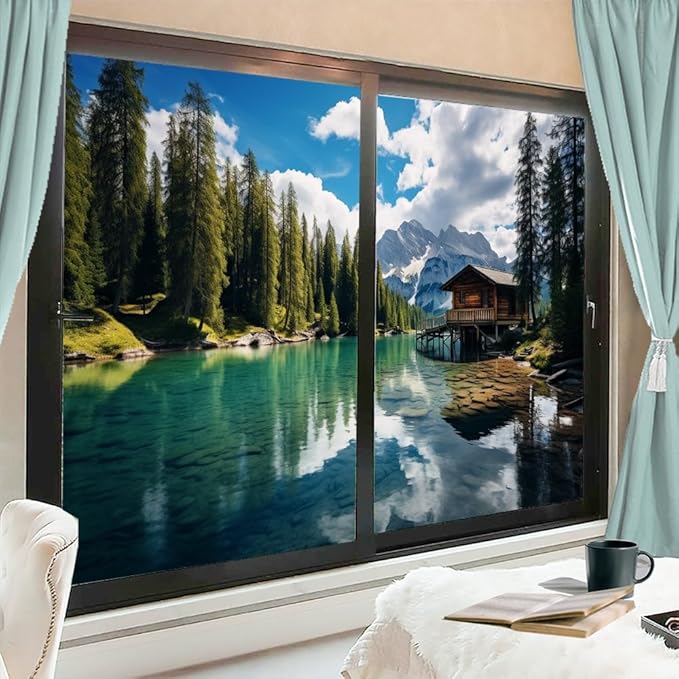Modern Lake Privacy Window Film Simple Cabin Nature Tree Mountain View Glass Sticker Window Film Home Windows Glass Decorative Door Covering Sun Blocking 27.6Wx39.4L inch x 2pcs