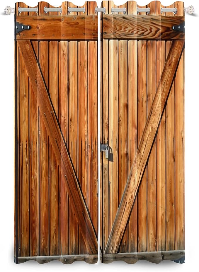 Russet Wooden Door Window Curtains Old Garage Door Curtains Rustic Barn Door Curtains Vintage Wood Planks American Rural Style Native Country Farmhouse Drape Treatments,26x63 inch,2 Panels