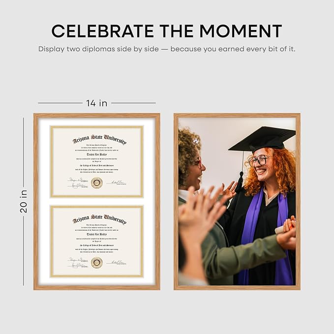 Homeforia 14x20 Double Diploma Frame Wood, High End Natural Oak 14 x 20 Wooden Certificate Frame with Dual Mat for 8.5 by 11 Diplomas, 20x14 Award Graduation Frames, Tempered Glass, Wall Kit, Set of 3