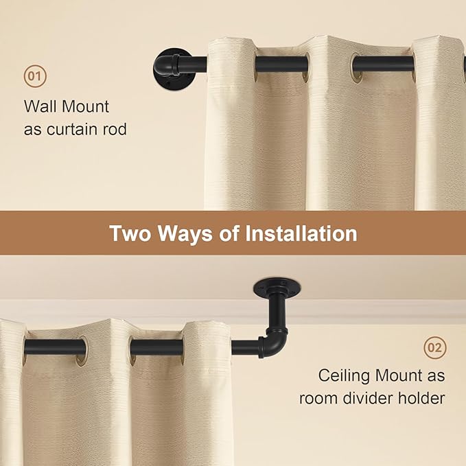 Heavy Duty Industrial Wrap Around Curtain Rod 32-48 Inch, 1-Inch Blackout Room Darkening Drapery Pole, Matte Black Rustic Pipe French Return Design for Indoor, Outdoor & Room Divider