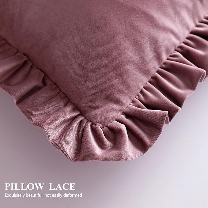 ISAENNE Vintage Dark Peach Square Throw Pillow Covers 22"x22" Set of 2, Solid Color Farmhouse Velvet Decoration Pillow Cover with Ruffles,Throw Pillow Case for Couch Sofa Bed Living Room Car
