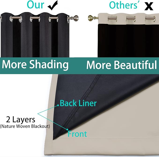 Yakamok 100% Blackout Curtains 84 Inches Long, 2 Thick Layers Heat and Full Light Blocking Soft Thermal Insulated Drapes for Bedroom(62" Wide Each Panel, Natural, 2 Panels)