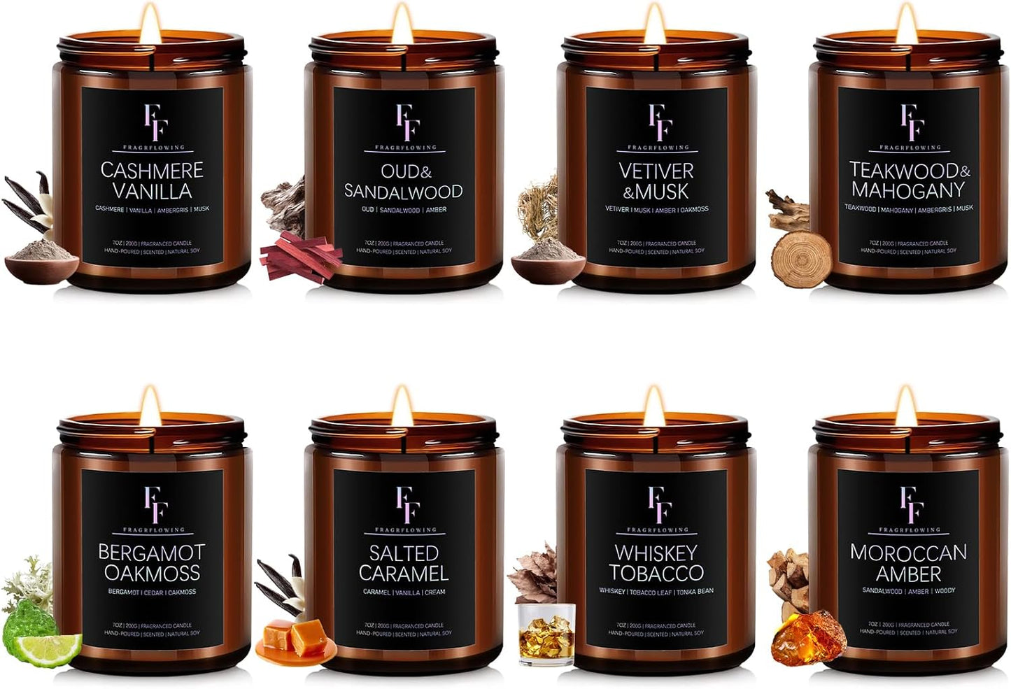 Scented Candles Set, Soy Wax Candles 8 Pack 56 Oz Aromatherapy Candles Gift Set for Women Men （Vanilla/Sandalwood/Amber/Mahogany/Vetiver/Bergamot/Caramel/Whiskey）