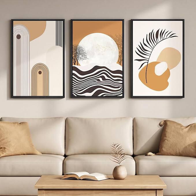 Framed Boho Mid Century Modern Wall Art for Living Room, 3 Piece Large Abstract Canvas Prints Paintings, Orange Earth Tones Moon Botanical Artwork Decor for Bedroom Hallway 16x24 Inch