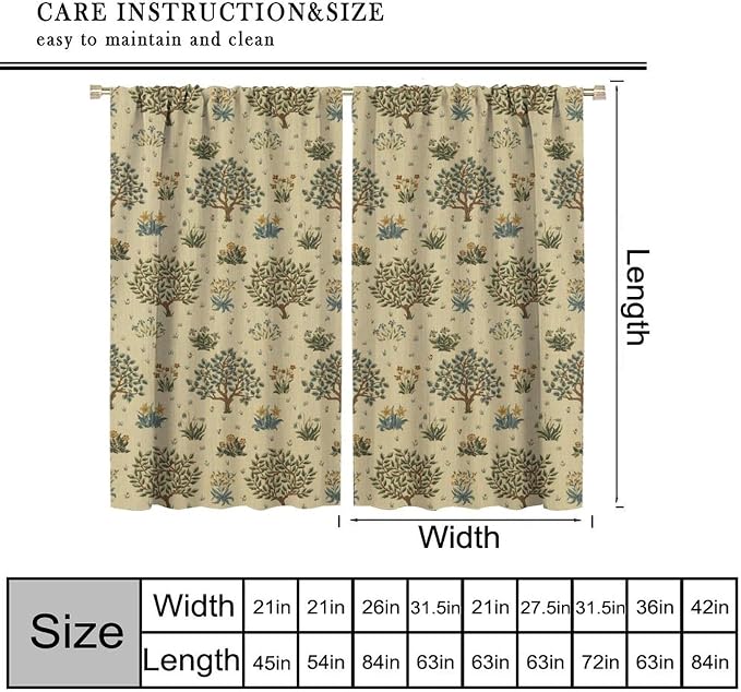 Rustic William Morris Curtains, Watercolor Vintage Flower Tree Plant Art Style Blackout Window Treatments Drapes, for Living Room Bedroom Kitchen 21(W)*63(L) 2 Panels