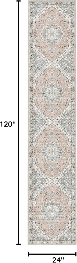 Madane Washable Runner Rugs 2x10 Long for Hallway Kitchen, Pink/Gray | Non-Slip Low-Pile 10ft Rug Runners Soft, Stain-Resistant Floor Carpet Mat for Entrance, Living Dining Laundry Room, Stair